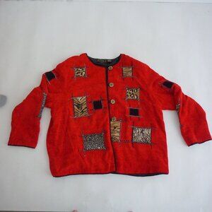 Vintage Alex Kim Red Patchwork Animal Print Western Boho Safari Jacket 2X